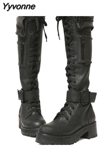 Niulatu High Quality Female Motorcycle Boots Square Heel Lace-Up Narrow Band Winter Cool Street Women Knee High Boots Shoes DJSE
